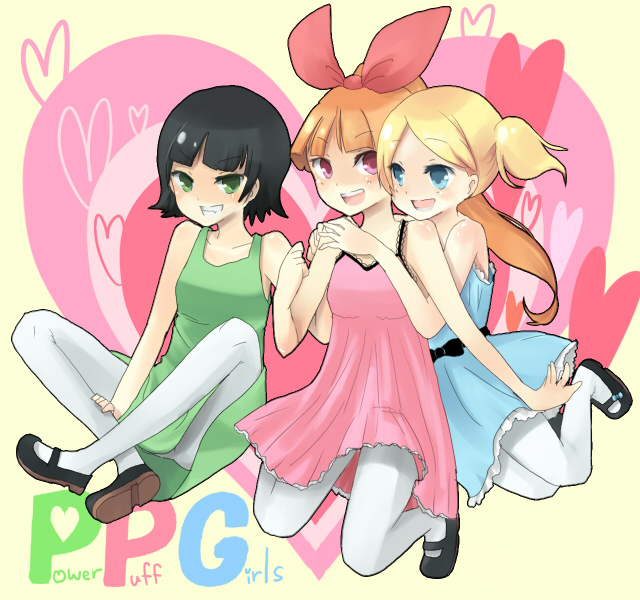 3girls artist_request bangs belt black_hair blonde_hair blossom_(ppg) bow bubbles_(ppg) buttercup_(ppg) child dress from_side green_eyes heart long_hair looking_at_viewer multiple_girls non-web_source open_mouth pink_eyes powerpuff_girls short_hair sleeveless sleeveless_dress smile socks source_request twintails