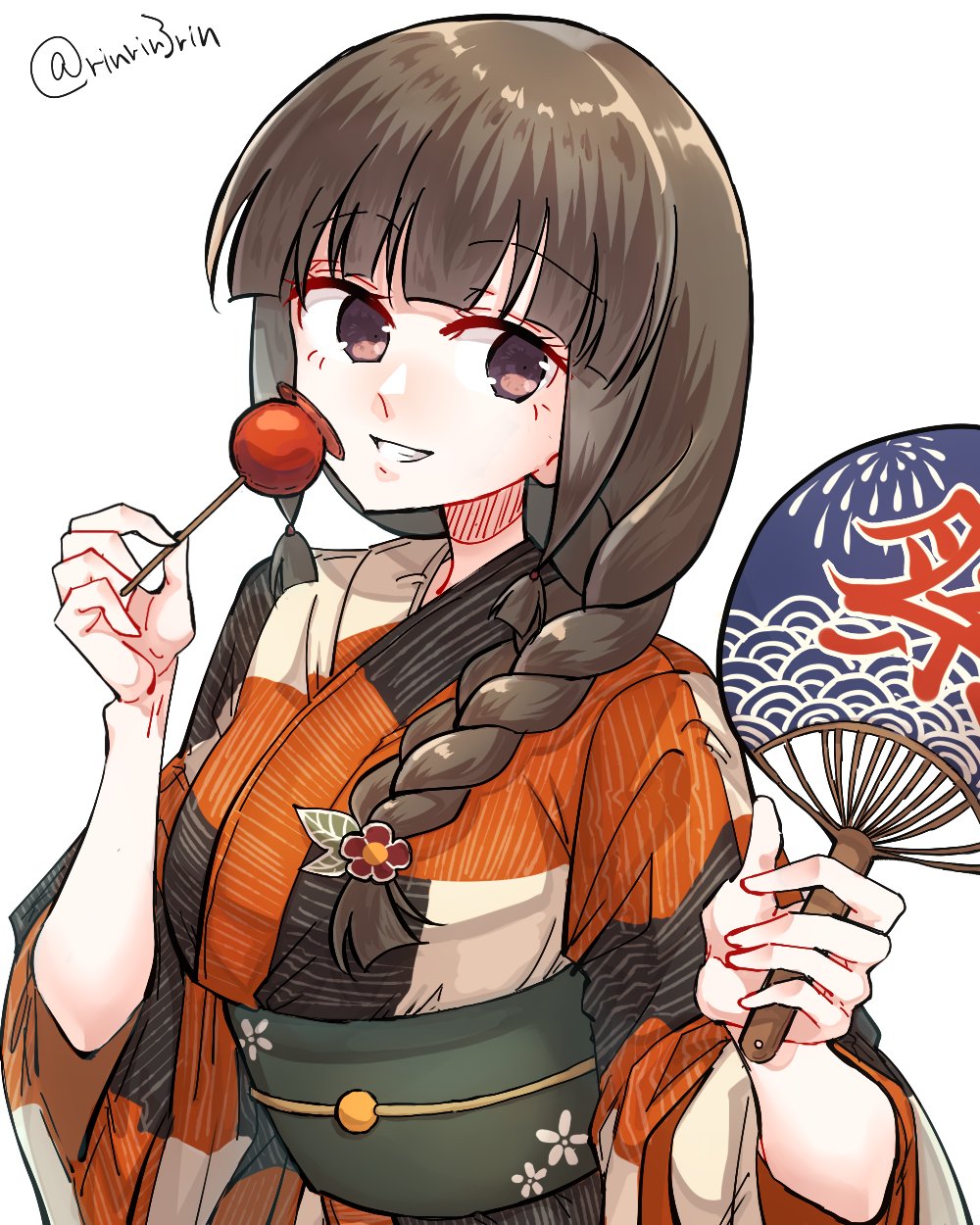 1girl bangs black_hair blunt_bangs braid grin hair_over_shoulder hair_ribbon hand_fan highres japanese_clothes kantai_collection kimono kitakami_(kancolle) long_hair looking_at_viewer matsunaga_(haku) multicolored_clothes multicolored_kimono orange_kimono paper_fan ribbon sidelocks simple_background single_braid smile solo tress_ribbon uchiwa upper_body white_background yukata