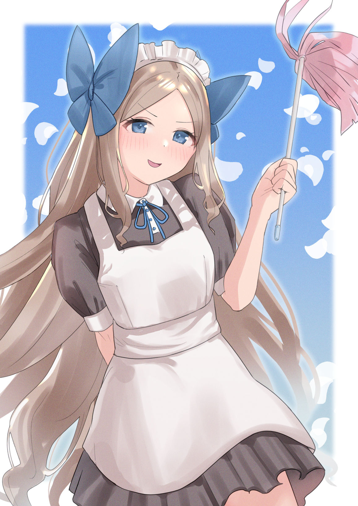 1girl alternate_costume apron arm_behind_back asakaze_(kancolle) black_dress blue_bow blue_eyes blush bow commentary_request dress duster enmaided hair_bow highres holding kantai_collection light_brown_hair long_hair looking_at_viewer maid maid_headdress neck_ribbon parted_lips petals ribbon sakieko simple_background solo very_long_hair wavy_hair white_apron