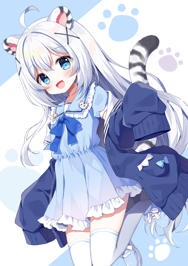 1girl :d ahoge animal_ears bangs blue_background blue_dress blue_eyes blue_footwear blue_jacket blue_sailor_collar blush commentary copyright_request dress frilled_dress frilled_sailor_collar frills grey_hair hair_between_eyes hair_ornament jacket long_sleeves mauve off_shoulder open_clothes open_jacket paw_print paw_print_background pleated_dress puffy_long_sleeves puffy_sleeves sailor_collar sailor_dress shoes sleeves_past_fingers sleeves_past_wrists smile solo tail tail_raised thigh-highs tiger_ears tiger_girl tiger_tail two-tone_background white_background white_legwear white_sailor_collar x_hair_ornament