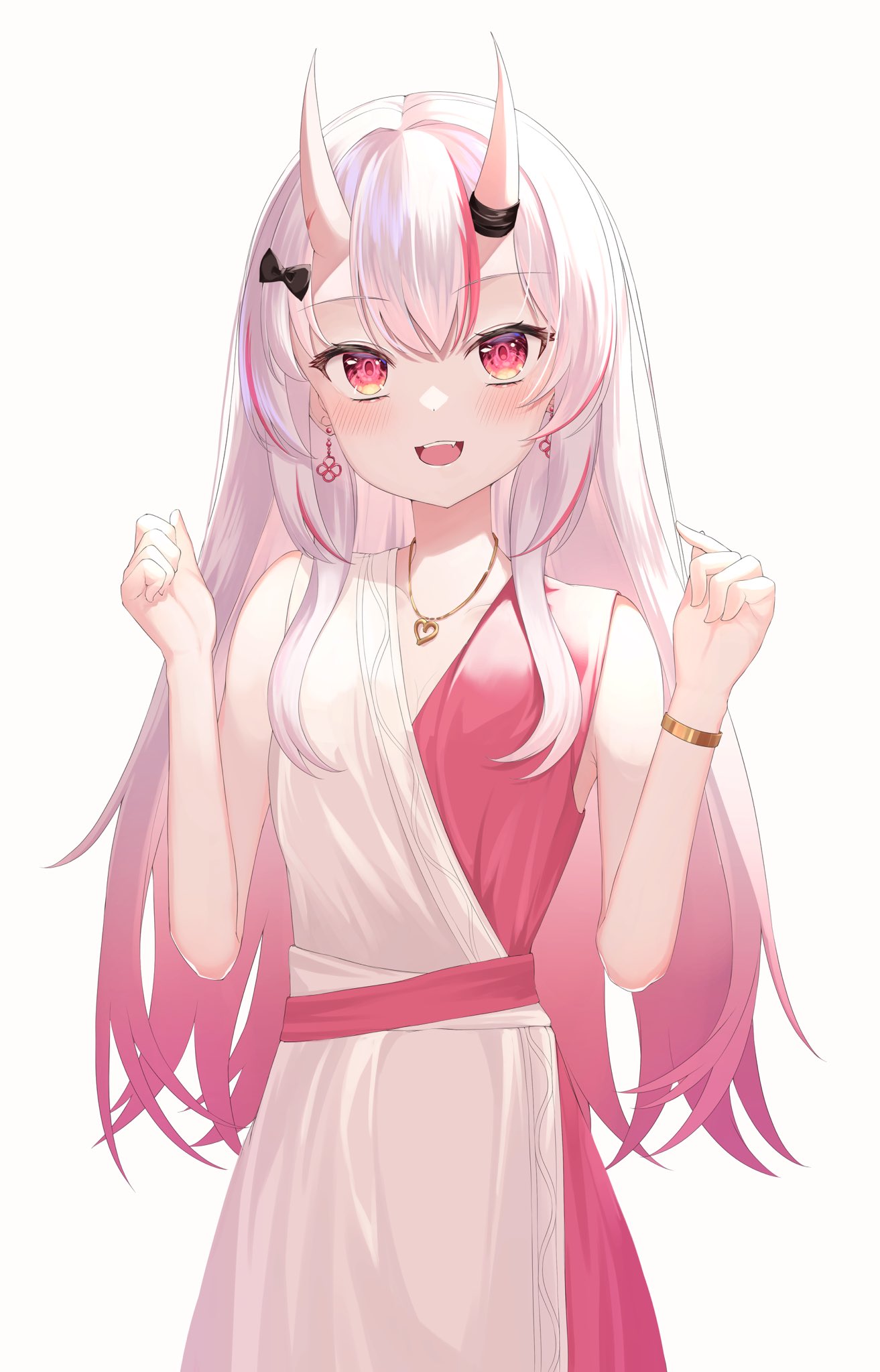 1girl :d breasts dress highres hiruno_ushiro hololive horns long_hair looking_at_viewer nakiri_ayame oni oni_horns red_eyes simple_background sleeveless sleeveless_dress small_breasts smile solo two-tone_dress virtual_youtuber white_background white_hair