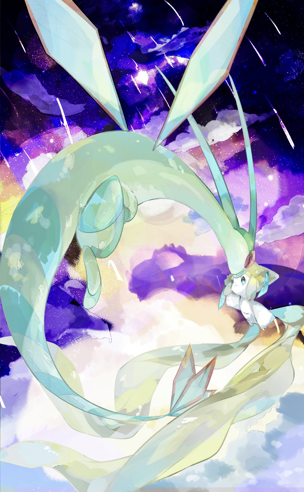 aqua_eyes arm_up closed_mouth clouds cloudy_sky colored_skin colorful commentary_request dragon flygon forehead-to-forehead from_behind full_body heads_together highres jirachi looking_at_another looking_up meteor_shower night outdoors pokemon pokemon_(creature) purple_sky red_eyes size_difference sky tugu_pi white_skin
