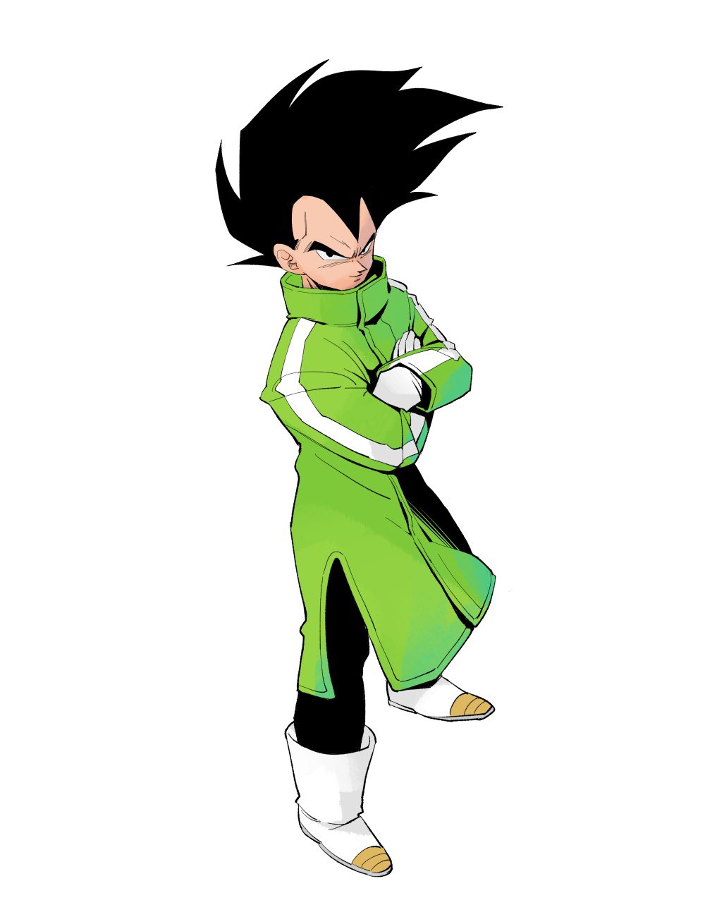 1boy ankle_boots black_bodysuit black_eyes black_hair bodysuit boots closed_mouth coat crossed_arms dragon_ball dragon_ball_super dragon_ball_super_broly dragon_ball_z floating_hair full_body gloves green_coat high_collar highres kz_(dbz_kz) looking_at_viewer male_focus sideways_glance simple_background single_vertical_stripe smirk spiky_hair standing vegeta white_background white_footwear white_gloves widow's_peak winter_clothes