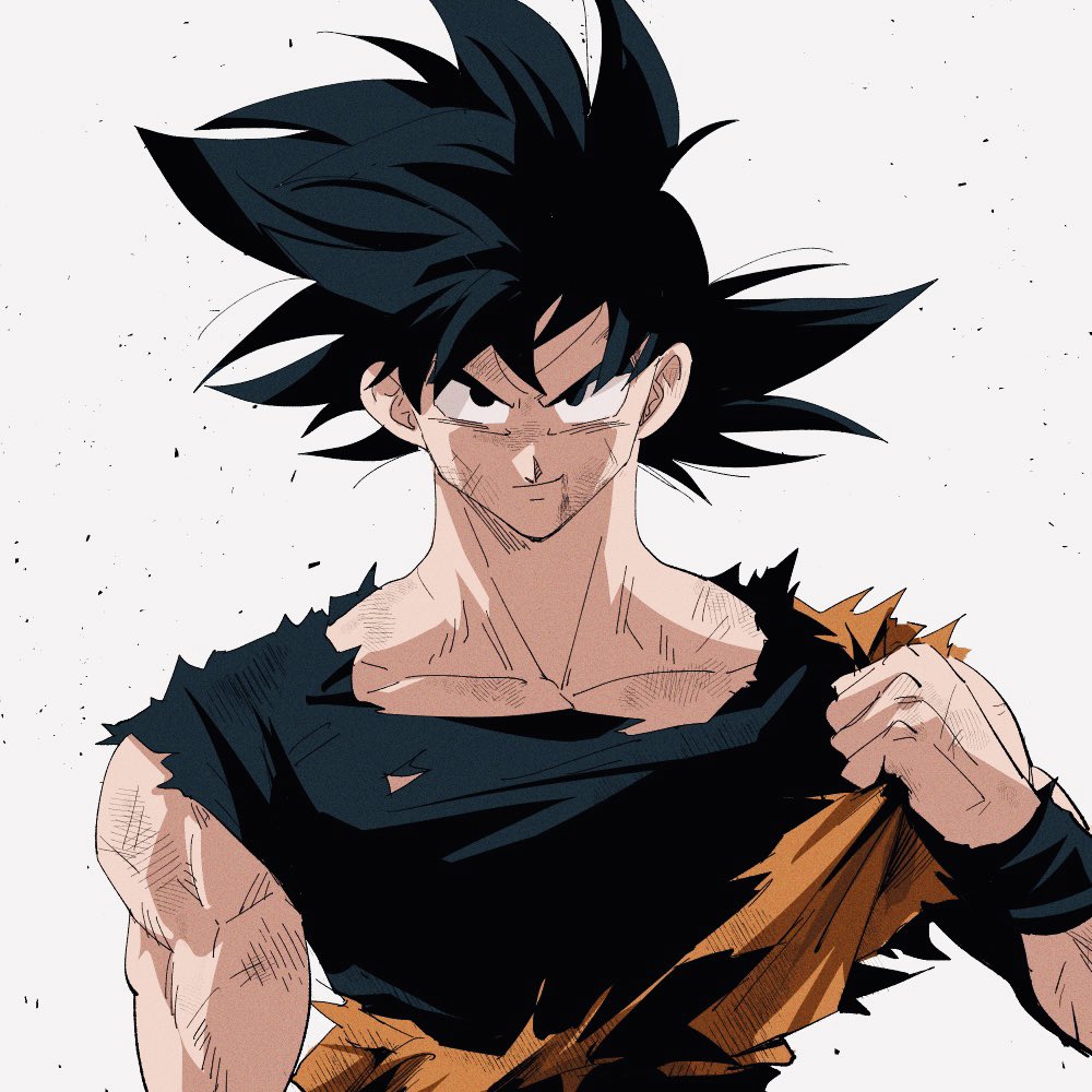 1boy adjusting_clothes arm_at_side ashes backlighting bangs black_eyes black_hair black_shirt closed_mouth cuts dirty dirty_clothes dirty_face dragon_ball grey_background hair_strand hand_up injury kz_(dbz_kz) looking_at_viewer male_focus messy_hair muscular muscular_male orange_shirt parted_bangs pectorals scratches shade shirt simple_background smirk son_goku spiky_hair torn_clothes torn_shirt undershirt upper_body