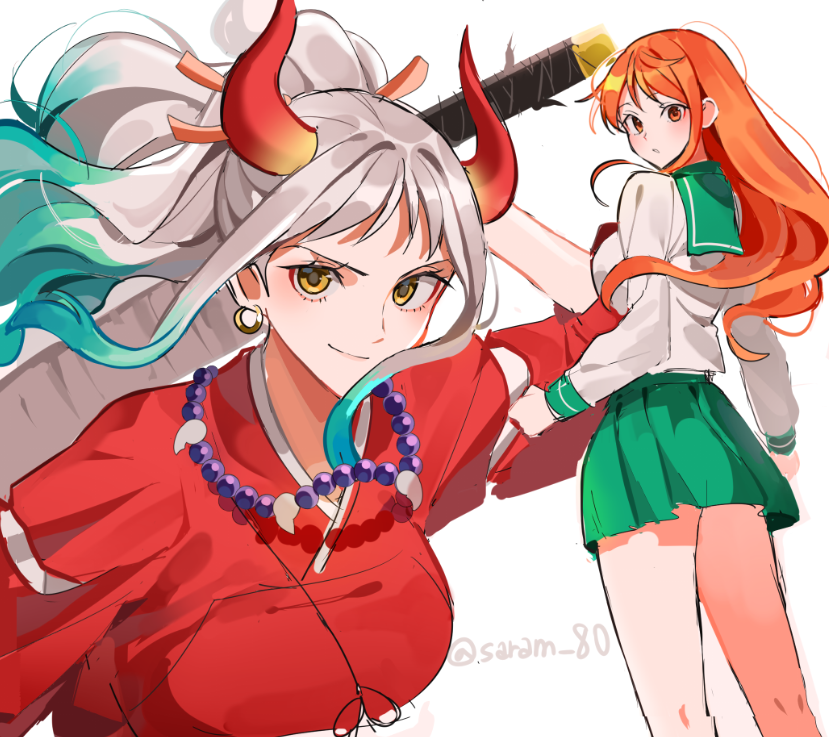 2girls artist_name commentary cosplay curled_horns earrings gradient_hair green_hair green_skirt hair_ornament higurashi_kagome higurashi_kagome_(cosplay) horns inuyasha inuyasha_(character) inuyasha_(character)_(cosplay) japanese_clothes jewelry joman long_hair looking_at_viewer miniskirt multicolored_hair multicolored_horns multiple_girls nami_(one_piece) necklace one_piece oni orange_eyes orange_hair pleated_skirt school_uniform simple_background sketch skirt sword tetsusaiga twitter_username weapon white_background white_hair yamato_(one_piece) yellow_eyes