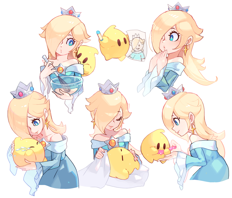 1girl bare_shoulders blonde_hair blue_eyes child_drawing crown crying earrings hair_over_one_eye hoshikuzu_pan jewelry luma_(mario) mixing mixing_bowl multiple_views rosalina sleeping smile star_(symbol) star_bit star_earrings super_mario_bros. super_mario_galaxy surprised