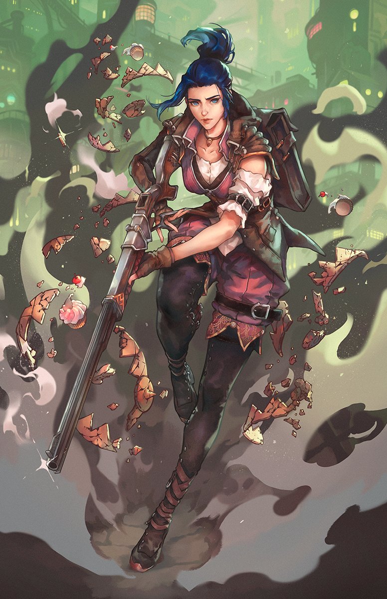 1girl arcane:_league_of_legends armband bag blue_eyes blue_hair breaking caitlyn_(league_of_legends) city cupcake desert floating floating_object food gun hair_lift hammling highres jacket league_of_legends legband long_hair outdoors pants ponytail rifle shoes sleeveless smoke solo steam walking weapon