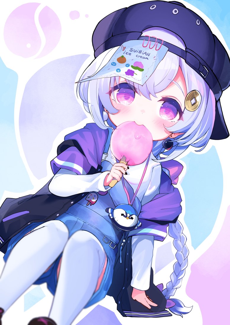 1girl bangs baseball_cap braid casual coin_hair_ornament commentary dress eating english_text food genshin_impact hair_between_eyes hair_ornament hair_ribbon hat holding holding_stick hood hooded_jacket jacket jiangshi knees_together_feet_apart long_hair long_sleeves looking_at_viewer low-tied_long_hair low_ponytail official_alternate_costume ofuda pinafore_dress popsicle purple_hair qiqi_(genshin_impact) ribbon sidelocks simple_background single_braid sitting solo stick symbol-only_commentary two-tone_background violet_eyes white_legwear yinpa_(wanone500511)