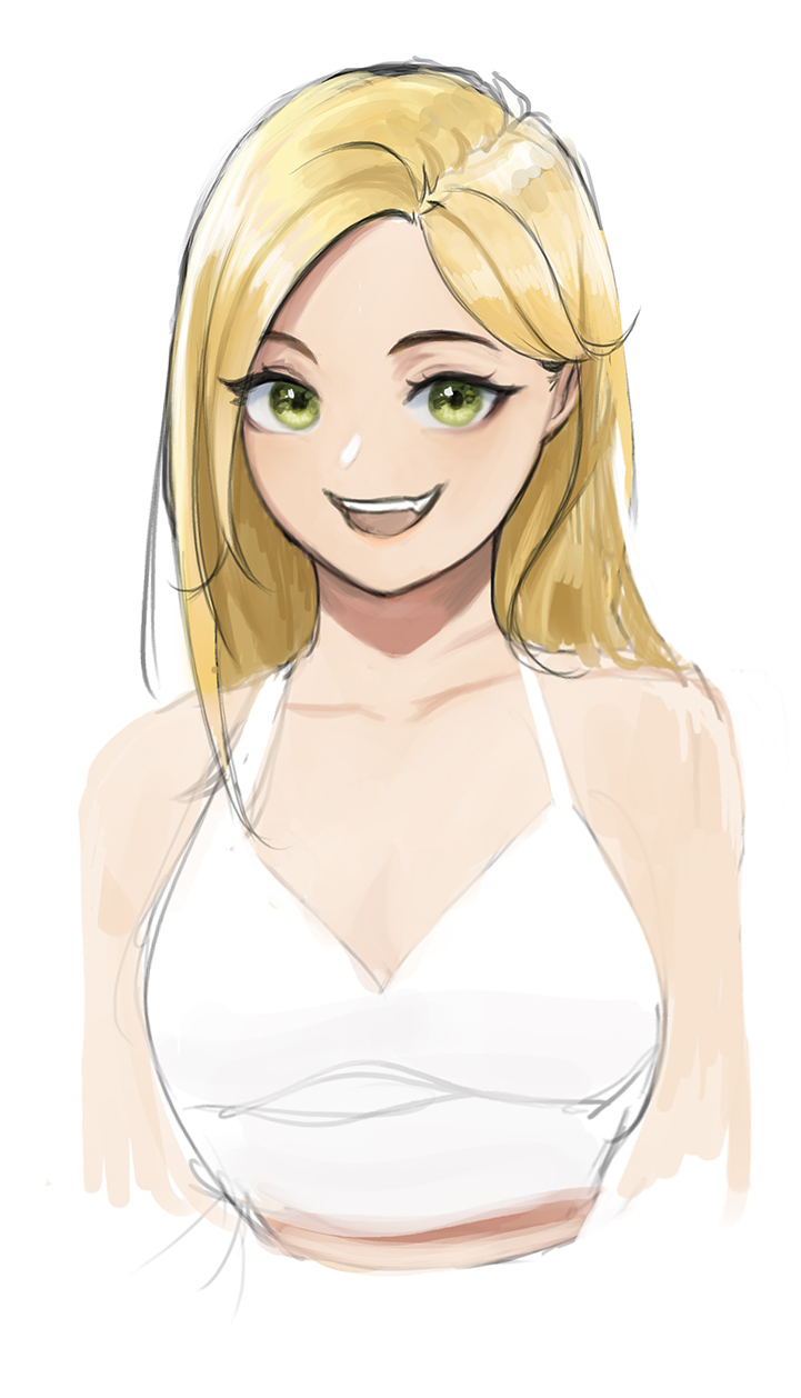 1girl azelweien blonde_hair blush commentary cropped_torso english_commentary face green_eyes highres jurassic_cops long_hair looking_at_viewer open_mouth sarah_(jurassic_cops) shirt sketch solo teeth upper_teeth white_shirt