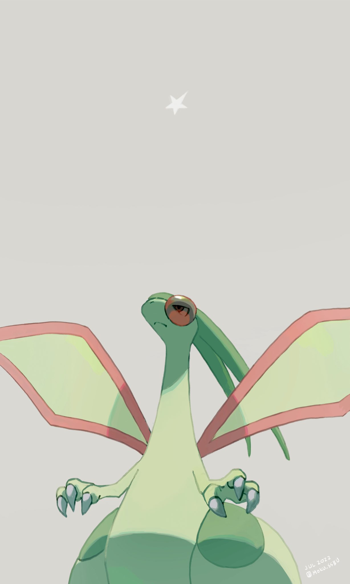 claws closed_mouth dated flygon frown grey_background highres looking_up mokuzou_(moku_ssbu) no_humans pokemon pokemon_(creature) solo star_(symbol) twitter_username