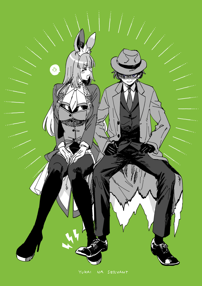 2girls anger_vein animal_ears blush_stickers closed_eyes collared_shirt facing_another fate/grand_order fate_(series) fedora gloves green_background hat highres invisible_chair long_hair long_sleeves looking_at_viewer multiple_girls necktie open_mouth rabbit_ears riyo_servant_(babydoll)_(fate) riyo_servant_(bunnygirl)_(fate) romaji_text shirt sitting smile spoken_anger_vein thigh-highs torn_clothes translation_request yukataro