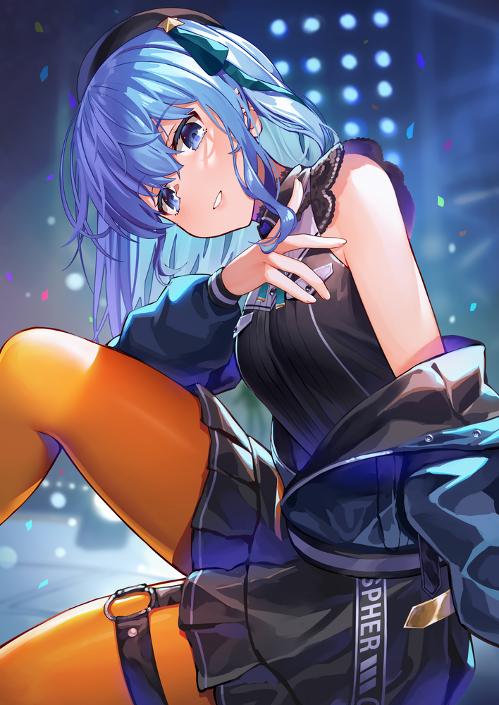 1girl beret blouse blue_eyes blue_hair hair_ribbon hat hololive hoshimachi_suisei jacket jacket_partially_removed kibanda_gohan long_hair orange_legwear pantyhose parted_lips ribbon shirt sitting skirt solo star_(symbol) star_in_eye symbol_in_eye virtual_youtuber