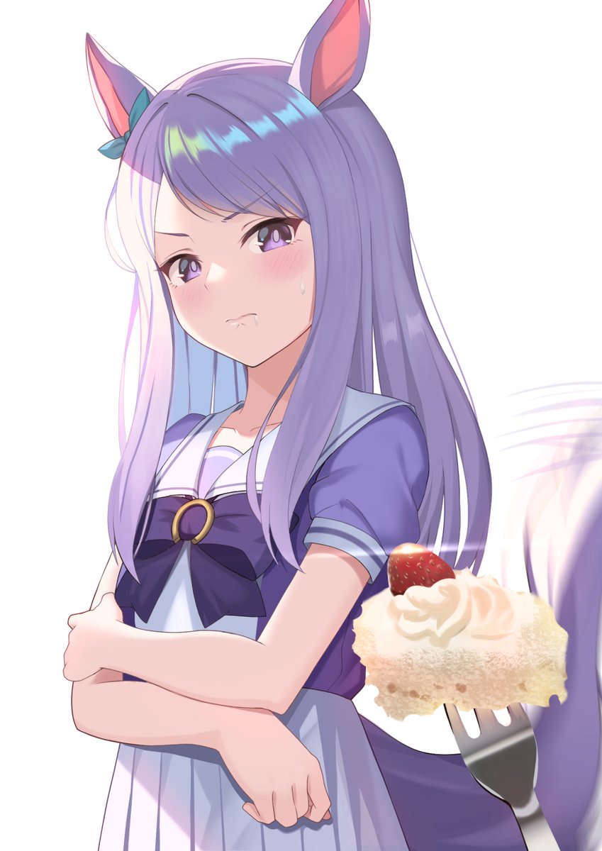 1girl animal_ears aqua_bow blush bow cake cake_slice closed_mouth collarbone ear_bow food fork fruit highres horse_ears horse_girl horse_tail light_purple_hair long_hair mejiro_mcqueen_(umamusume) mishiro_(ixtlolton) pleated_skirt puffy_short_sleeves puffy_sleeves school_uniform short_sleeves simple_background skirt solo strawberry tail tracen_school_uniform umamusume violet_eyes white_background white_skirt