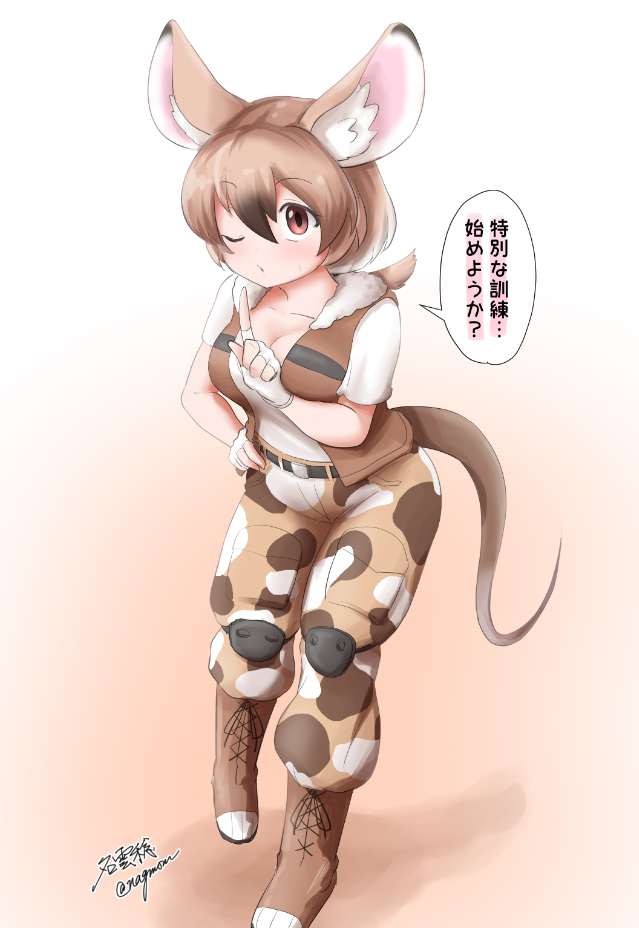 1girl animal_ear_fluff animal_ears belt black_hair boots brown_eyes brown_hair brown_pants brown_vest camouflage camouflage_pants commentary_request fingerless_gloves full_body fur_collar gambian_rat_(kemono_friends) gloves hair_between_eyes hand_on_hip hand_up index_finger_raised kemono_friends knee_pads long_hair looking_at_viewer mouse_ears mouse_girl mouse_tail multicolored_hair one_eye_closed open_clothes open_vest pants parted_lips ponytail print_pants shirt short_sleeves solo standing tail taurine_8000mg translation_request twitter_username vest
