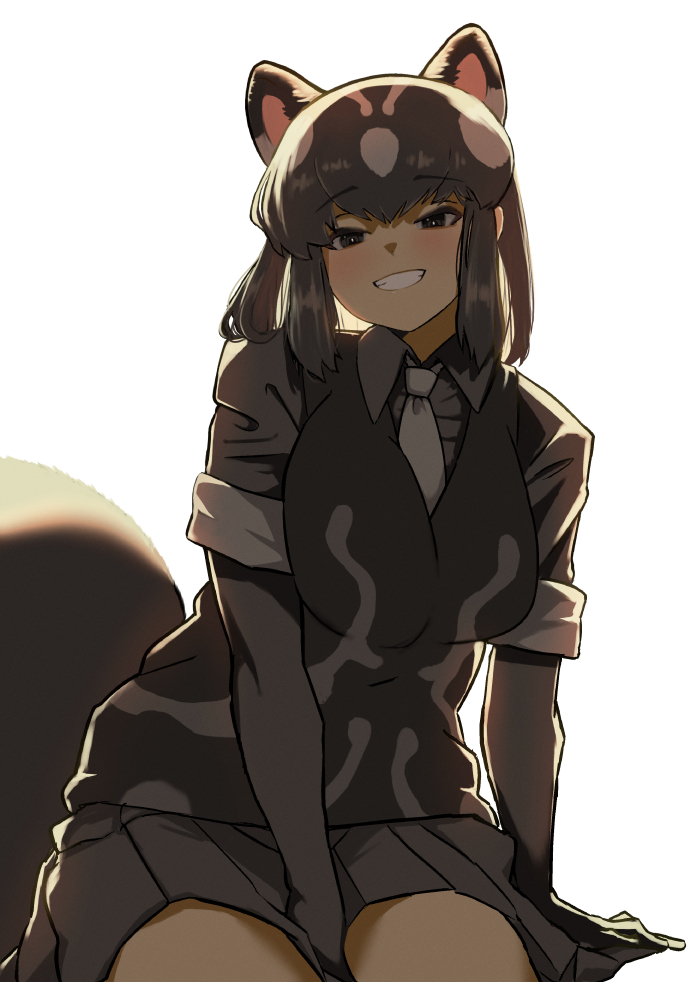 1girl animal_ears arm_at_side backlighting bangs between_legs black_eyes black_hair collared_shirt colored_inner_hair commentary_request commission cowboy_shot elbow_gloves extra_ears gloves grey_hair grey_shirt grey_skirt grin hand_between_legs hand_rest hatch_(hatch_box) kemono_friends leaning_to_the_side light_blush looking_at_viewer medium_hair miniskirt multicolored_hair pleated_skirt shirt short_sleeves sidelocks simple_background sitting skirt skunk_ears skunk_girl skunk_tail smile solo spotted_skunk_(kemono_friends) sweater_vest tail two-tone_hair undershirt white_background wing_collar