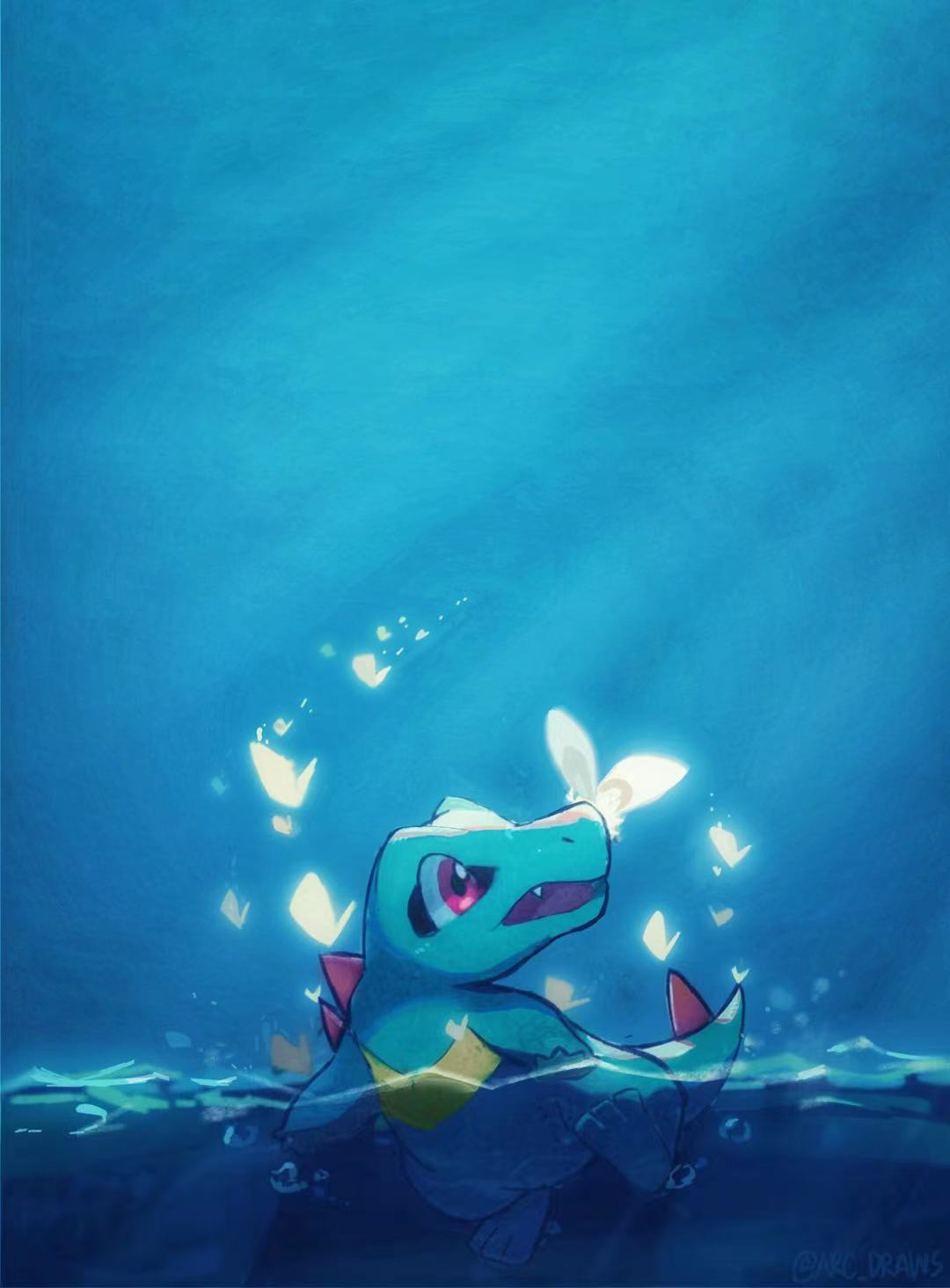 animal_focus arc_draws bug butterfly commentary_request fang highres no_humans open_mouth outdoors partially_submerged pokemon pokemon_(creature) totodile violet_eyes water