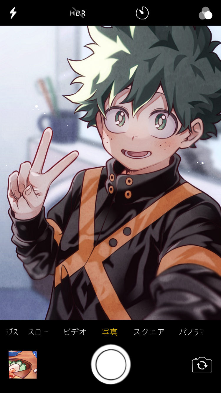 1boy adapted_costume bakugou_katsuki bakugou_katsuki_(cosplay) black_shirt blurry blurry_background blush boku_no_hero_academia commentary_request cosplay freckles green_eyes green_hair highres long_sleeves looking_at_viewer male_focus midoriya_izuku morino_(ktdk_0141) open_mouth selfie shirt short_hair smile solo standing user_interface v