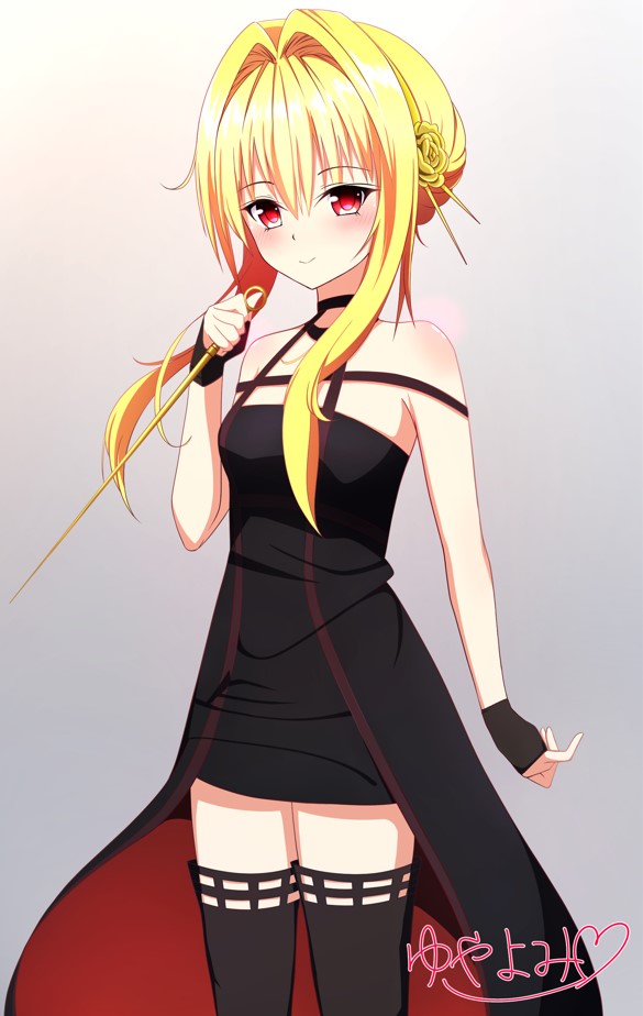 1girl artist_name black_dress black_gloves black_legwear cosplay dagger dress fingerless_gloves flat_chest gloves gold_hairband gradient_hair hair_bun hair_intakes holding holding_dagger holding_weapon knife konjiki_no_yami long_hair looking_at_viewer multicolored_hair red_eyes sidelocks solo spy_x_family stiletto_(weapon) thigh-highs to_love-ru two-sided_dress two-sided_fabric weapon yor_briar yor_briar_(cosplay) yuyayomi