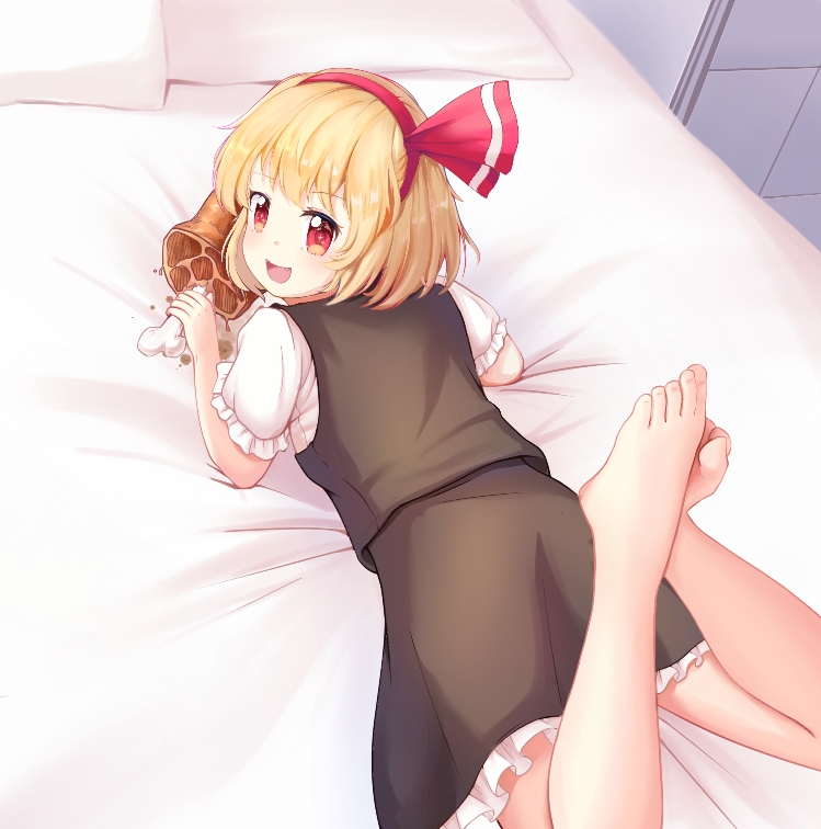 1girl back bare_legs barefoot bed bed_sheet black_skirt black_vest blonde_hair blush boned_meat check_commentary chinese_commentary commentary commentary_request feet food god_mang hair_ribbon hairband happy holding holding_food indoors looking_at_viewer looking_back lying meat on_stomach open_mouth pillow red_eyes red_ribbon ribbon rumia shirt short_hair skirt smile solo stain stained_sheets the_pose toes touhou vest white_shirt