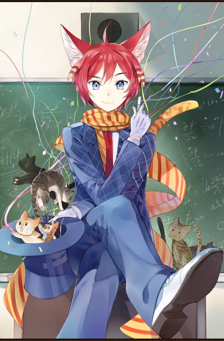 1boy animal_ears blue_eyes cat cat_boy cat_ears cat_tail chalkboard formal gloves hat long_sleeves looking_at_viewer male_focus necktie official_art redhead saibai_shounen second-party_source short_hair sitting solo suit tail tails_(saibai_shounen) top_hat