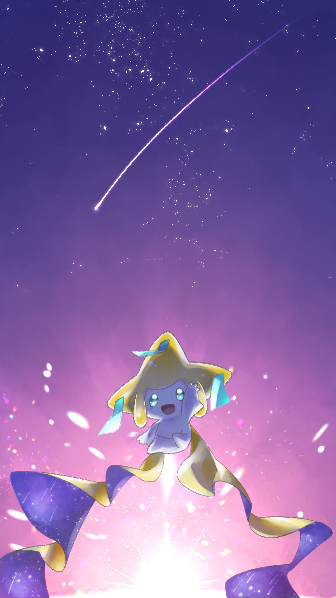 :d arm_up comet commentary_request green_eyes highres jirachi no_humans open_mouth outdoors pkpokopoko3 pokemon pokemon_(creature) sky smile solo star_(sky) tongue