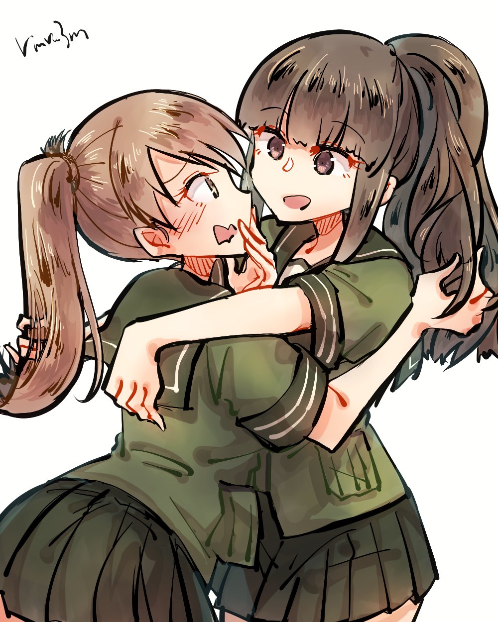 2girls bangs black_eyes black_hair blunt_bangs braid brown_eyes brown_hair commentary_request cowboy_shot eye_contact green_sailor_collar green_serafuku green_skirt hair_ribbon highres kantai_collection kitakami_(kancolle) long_hair looking_at_another matching_hairstyle matsunaga_(haku) multiple_girls ooi_(kancolle) ponytail ribbon sailor_collar school_uniform serafuku sidelocks simple_background skirt tress_ribbon white_background