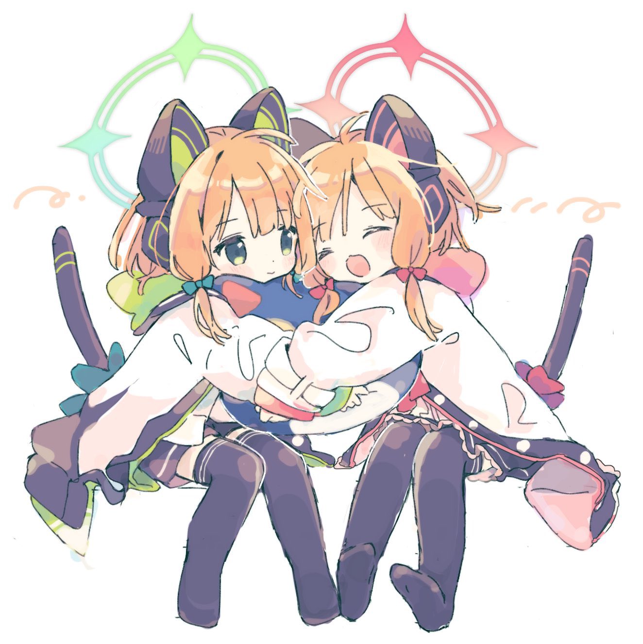 2girls :d ^_^ animal_ear_headphones animal_ears black_legwear black_shorts black_skirt blonde_hair blue_archive blue_bow blush blush_stickers bow closed_eyes closed_mouth commentary_request fake_animal_ears green_eyes halo highres jacket long_hair long_sleeves midori_(blue_archive) momoi_(blue_archive) multiple_girls naguru_(cyoroama) no_shoes object_hug pleated_skirt puffy_long_sleeves puffy_sleeves red_bow short_shorts shorts siblings sidelocks simple_background sisters sitting skirt sleeves_past_wrists smile soles tail thigh-highs twins white_background white_jacket