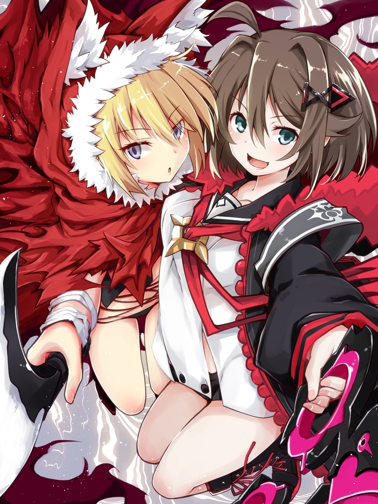 2girls ahoge akazukin_(mary_skelter) animal_hood bangs black_souls blonde_hair blue_eyes blush bow breasts brown_hair capelet coat commission eyebrows eyebrows_visible_through_hair fur-trimmed_capelet fur-trimmed_hood fur_trim green_eyes hair_between_eyes hair_ornament hairclip holding holding_weapon hood hood_up hooded_capelet iwashi_dorobou_-r- legs legs_together mary_skelter medium_breasts multiple_girls red_riding_hood_(black_souls) ribbon short_hair thighs weapon