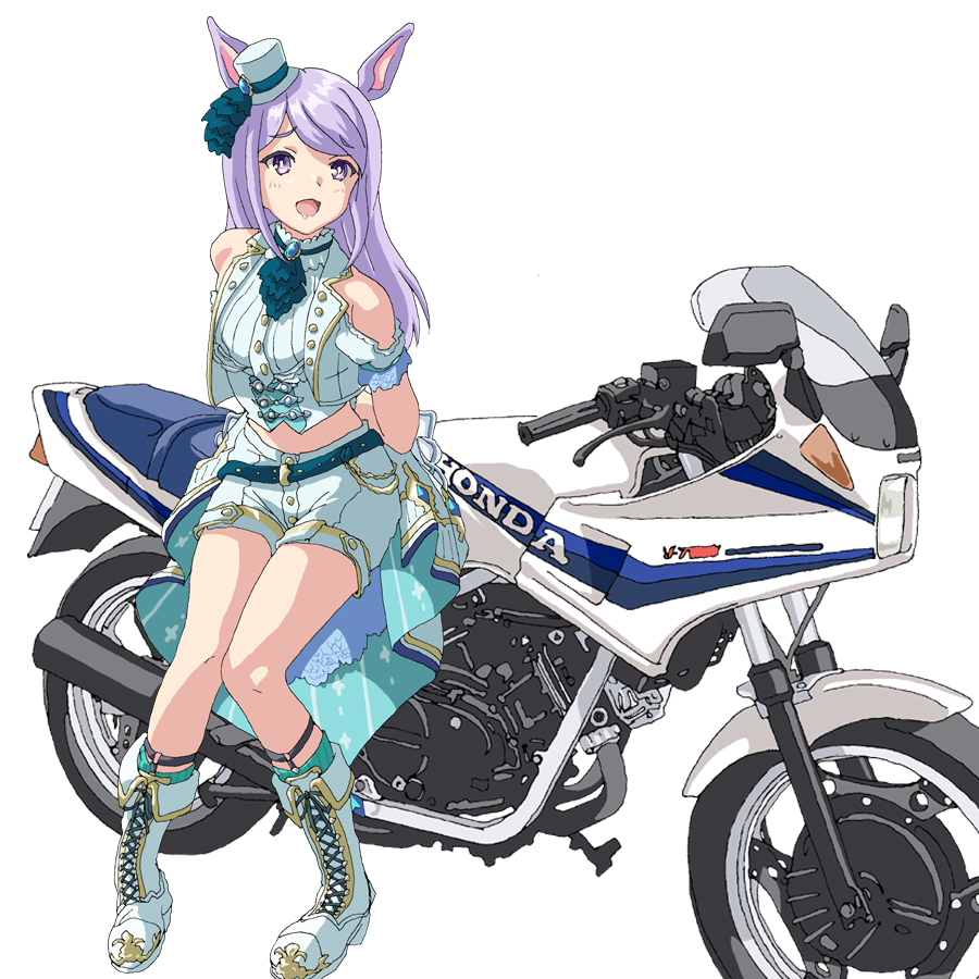 1girl :d animal_ears bangs bare_shoulders boots brand-new_friend_(umamusume) cross-laced_footwear hal-py hat horse_ears horse_girl lace-up_boots long_hair looking_at_viewer looking_to_the_side mejiro_mcqueen_(end_of_sky)_(umamusume) mejiro_mcqueen_(umamusume) mini_hat official_alternate_costume purple_hair simple_background smile solo swept_bangs umamusume violet_eyes white_background white_headwear white_legwear