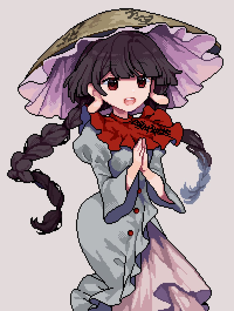 1girl bangs black_hair braid breasts brown_headwear buttons capelet dress frills grey_background grey_dress hands_up hat juliet_sleeves long_hair long_sleeves looking_to_the_side medium_breasts open_mouth own_hands_together puffy_sleeves red_capelet red_eyes risui_(suzu_rks) simple_background smile solo standing teeth tongue touhou twin_braids wide_sleeves yatadera_narumi