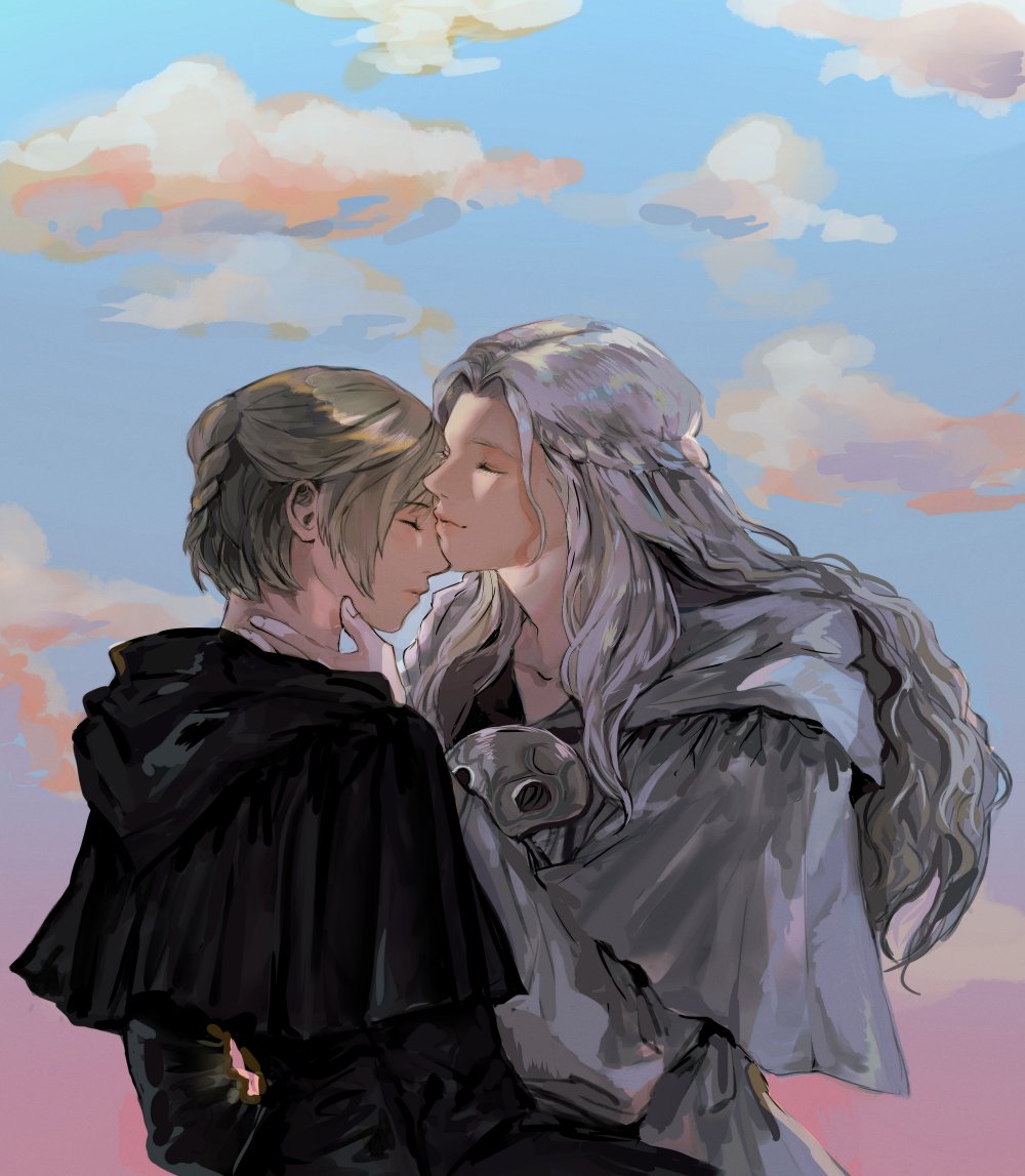 2girls avatar_(ff14) black_capelet black_robe blue_sky braid brown_hair capelet closed_eyes clouds collarbone commentary_request facing_another final_fantasy final_fantasy_xiv from_side grey_capelet grey_hair grey_robe half_updo hand_on_another's_neck hood hood_down hooded_capelet kiss kissing_forehead korean_commentary long_hair mask mask_removed multiple_girls outdoors profile robe short_hair single_braid sky smile upper_body venat_(ff14) wavy_hair wefightasone_1