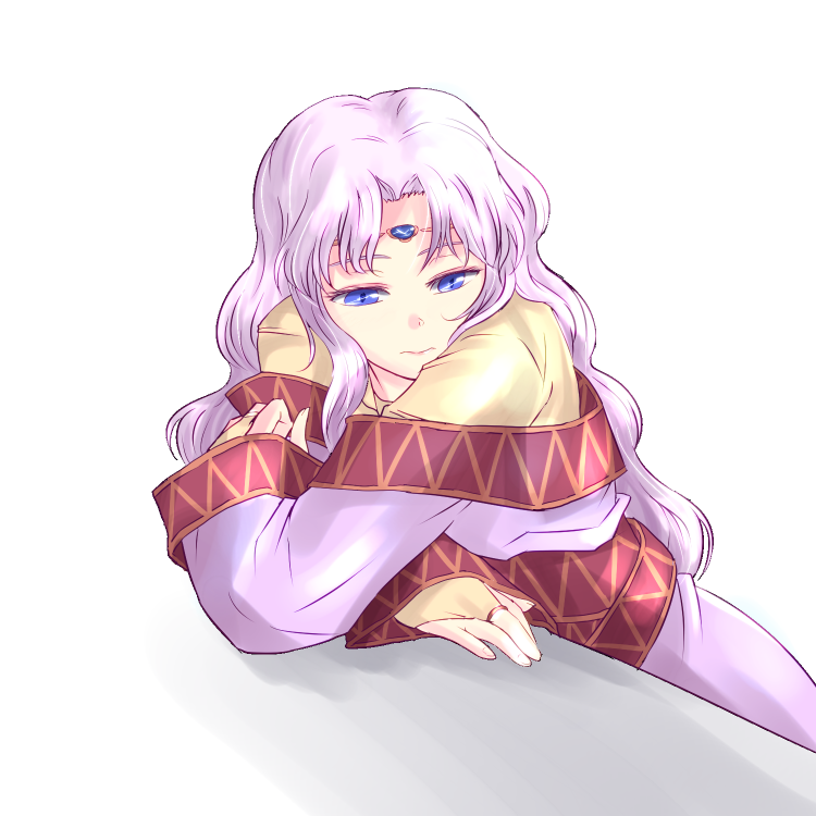 1girl blue_eyes bridal_gauntlets circlet crossed_arms dress fermelle fire_emblem fire_emblem:_thracia_776 light_purple_hair long_hair long_sleeves looking_away looking_to_the_side purple_dress reclining sara_(fire_emblem) simple_background solo upper_body white_background