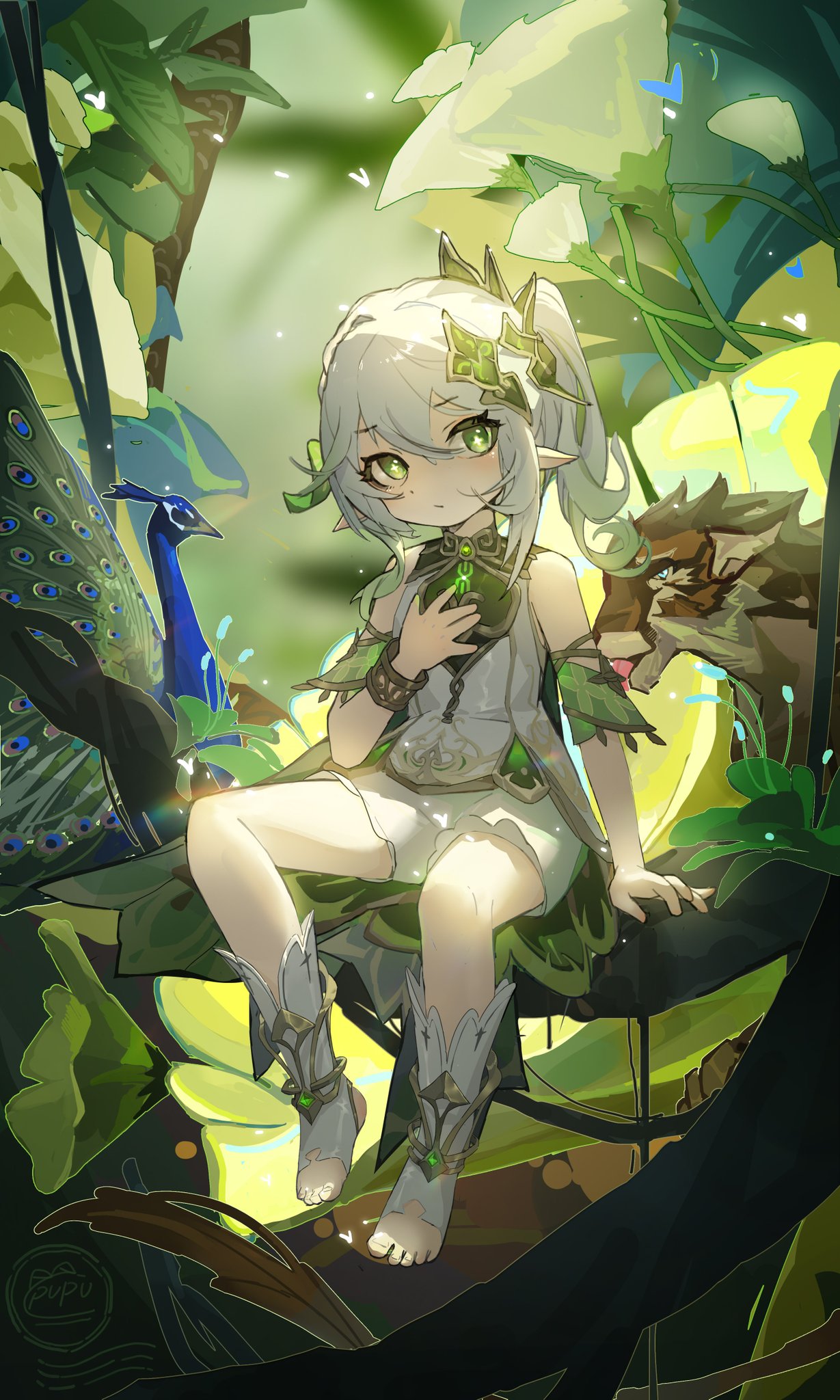1girl arm_support bird bloomers boots bracelet closed_mouth commentary_request detached_sleeves dress female_child flower-shaped_pupils genshin_impact green_eyes green_sleeves hair_ornament hand_on_own_chest highres jewelry kusanali_(genshin_impact) leaf_hair_ornament long_hair looking_to_the_side peacock pointy_ears pupubutong short_sleeves side_ponytail sitting sitting_on_branch solo sunlight symbol-shaped_pupils toeless_footwear tree underwear white_bloomers white_dress white_footwear white_hair