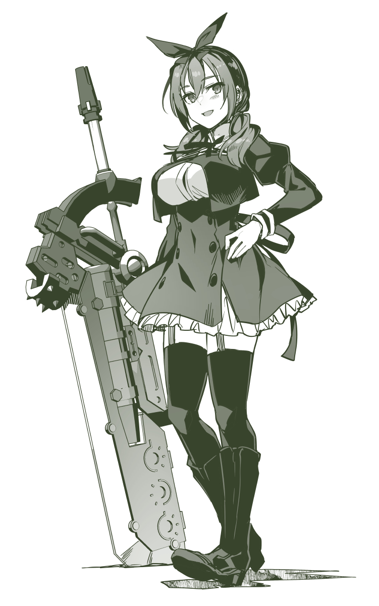 1girl arm_at_side assault_lily bangs blush boots bow breasts button_gap buttons commentary cropped_jacket frilled_skirt frills full_body garter_straps greyscale hair_between_eyes hair_bow hair_over_shoulder hand_on_hip high-waist_skirt highres huge_weapon juliet_sleeves knee_boots long_hair long_sleeves looking_at_viewer low_twintails medium_breasts miniskirt monochrome neck_ribbon open_mouth planted planted_sword puffy_sleeves ribbon school_uniform shirt simple_background skirt smile solo standing sword thigh-highs thighhighs_under_boots tsukinami_kousuke twintails weapon white_background yamanashi_hibari yurigaoka_girls_academy_school_uniform zettai_ryouiki