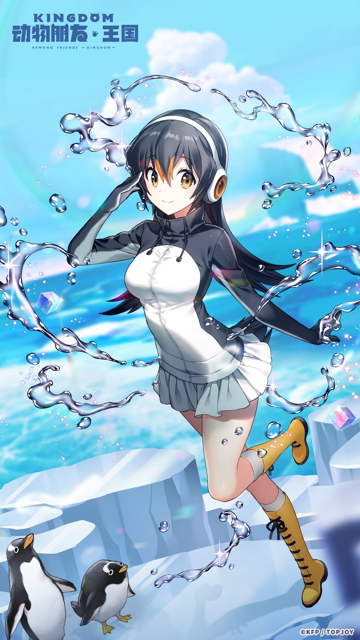 1girl animal_costume bird black_hair closed_mouth gentoo_penguin_(kemono_friends) gloves headphones highres kemono_friends kemono_friends_kingdom long_hair looking_at_viewer multicolored_hair nature official_art penguin penguin_costume penguin_tail shirt skirt smile solo straight_hair tail