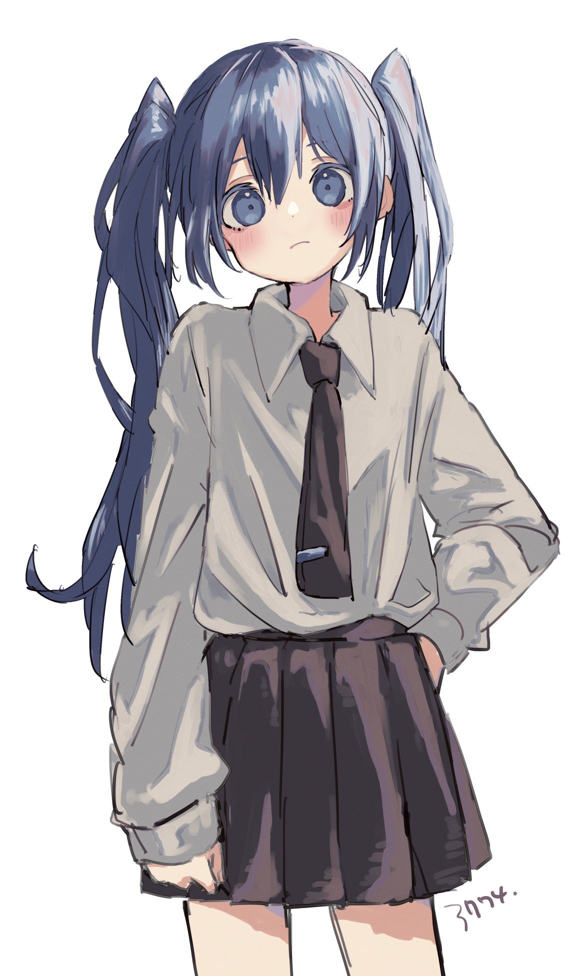 1girl blue_eyes blue_hair blush bokarokaku brown_necktie brown_skirt closed_mouth grey_background hair_between_eyes hand_on_hip highres long_hair looking_at_viewer necktie shirt_tucked_in simple_background skirt sleeves_past_wrists solo standing twintails vocaloid