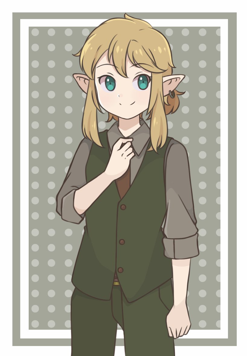 1boy alternate_costume blonde_hair blue_eyes border buttons chocomiru closed_mouth earrings eyebrows_behind_hair green_pants jewelry link looking_at_viewer necktie pants pointy_ears polka_dot polka_dot_background smile solo the_legend_of_zelda upper_body white_border