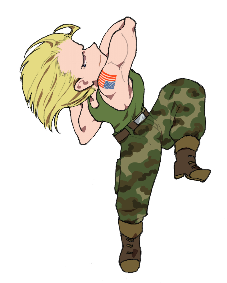 1boy american_flag american_flag_tattoo bare_shoulders belt blonde_hair blue_eyes boots chibi commentary_request dog_tags fighting_stance flattop full_body green_tank_top guile male_focus military muscular muscular_male pants short_hair shoulder_tattoo solo street_fighter tanakalma tank_top tattoo