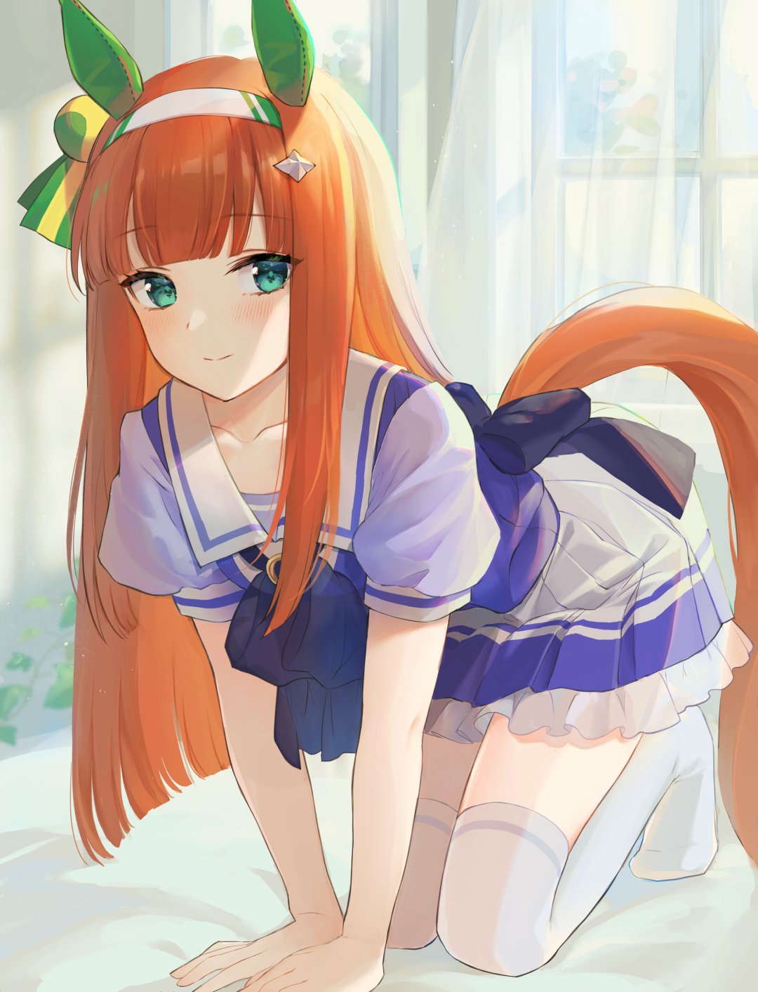 1girl all_fours animal_ears back_bow bangs bed_sheet blue_bow blue_bowtie bow bowtie collarbone commentary curtains eyelashes frilled_skirt frills green_eyes hair_ornament hairband highres horse_ears horse_girl horse_tail indoors kkokko legs light_blush long_hair looking_at_viewer morning no_shoes on_bed orange_hair plant pleated_skirt puffy_short_sleeves puffy_sleeves purple_shirt sailor_collar school_uniform see-through shirt short_sleeves sidelocks silence_suzuka_(umamusume) skirt smile solo tail thigh-highs thighs tracen_school_uniform umamusume white_hairband white_legwear white_sailor_collar white_skirt window