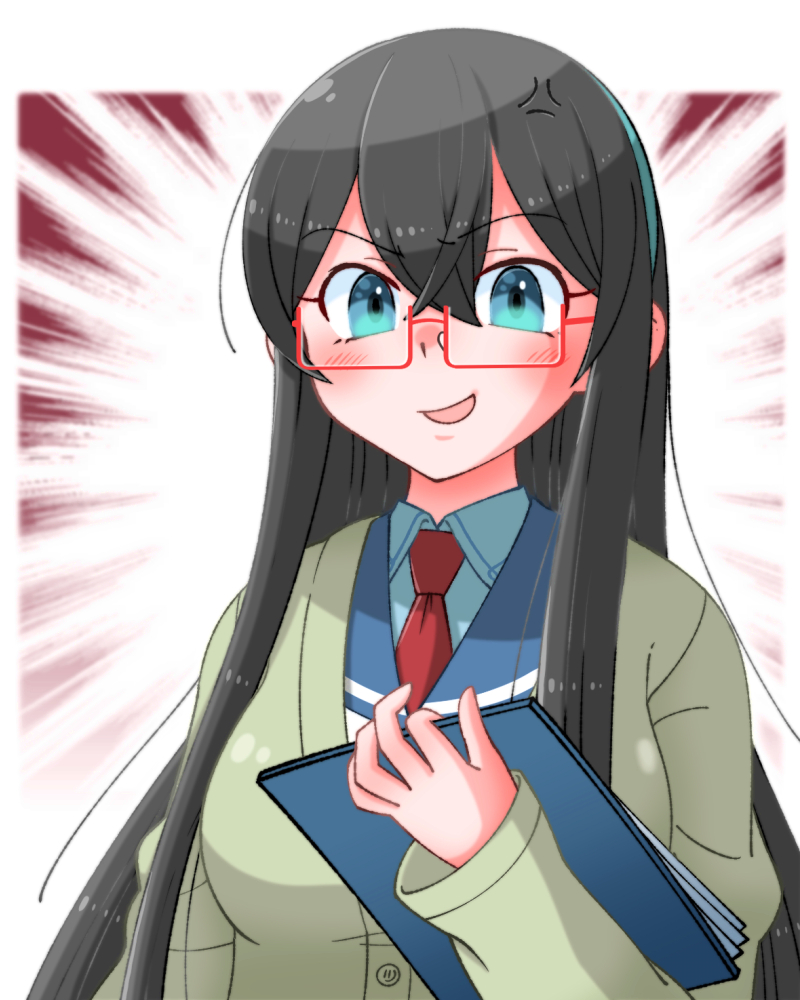 1girl anger_vein black_hair blue_sailor_collar cardigan clipboard commentary_request green_eyes green_hairband hairband kantai_collection long_hair necktie ooyodo_(kancolle) red-framed_eyewear red_necktie sailor_collar semi-rimless_eyewear shin_(shin_k009) solo under-rim_eyewear upper_body