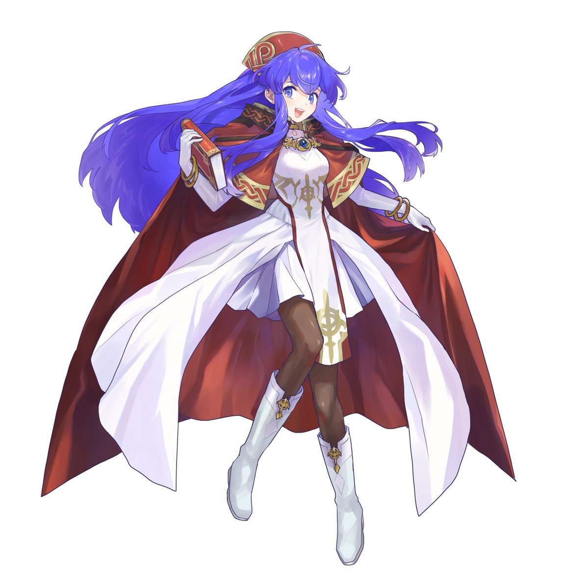 1girl :d blue_eyes blue_hair blush book boots brown_legwear cape elbow_gloves fire_emblem fire_emblem:_the_binding_blade gloves hat highres holding holding_book lilina_(fire_emblem) official_alternate_costume open_mouth pantyhose red_cape simple_background skirt smile solo sqamt_0029 white_background white_footwear white_gloves white_skirt