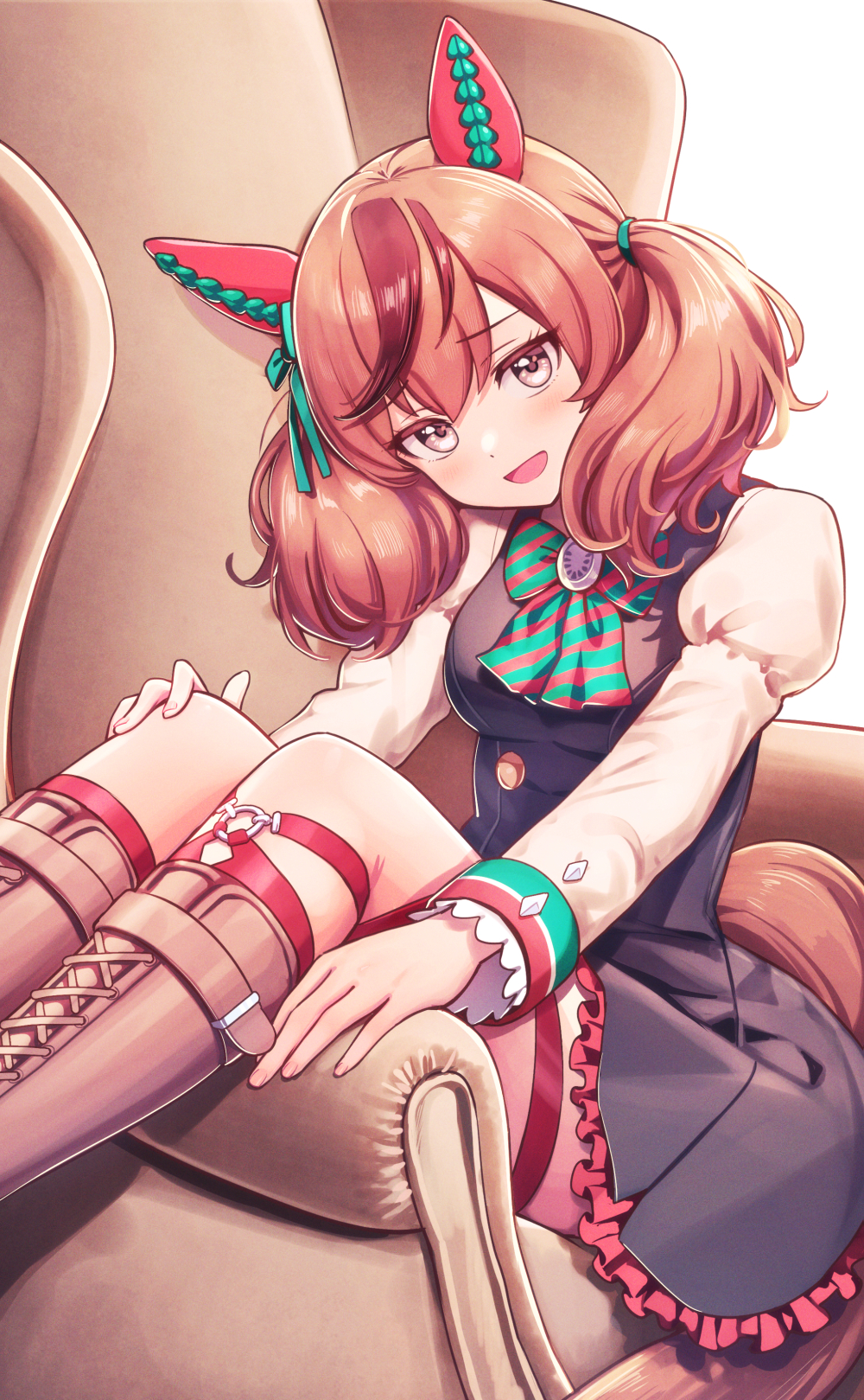 1girl animal_ears bangs boots bow bowtie brooch brown_footwear chair deadnooodles dress hand_on_own_knee highres horse_ears horse_girl jewelry knee_boots long_sleeves looking_at_viewer medium_hair multicolored_hair nice_nature_(umamusume) on_chair open_mouth orange_hair pink_hair puffy_sleeves redhead sitting solo streaked_hair twintails umamusume