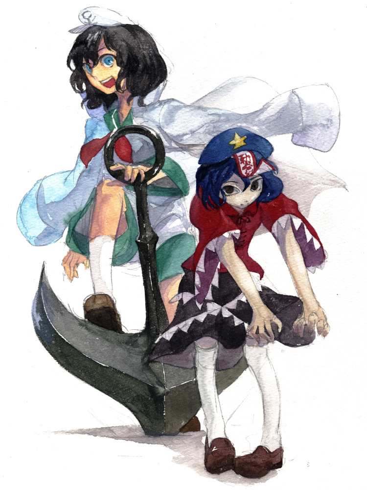 2girls amayadori-tei anchor anchor_symbol bangs black_eyes black_hair black_ribbon black_skirt blue_eyes blue_hair brown_footwear cabbie_hat chinese_clothes closed_mouth commentary_request full_body hair_between_eyes hat hat_ornament jiangshi kneehighs lace-trimmed_sleeves lace_trim looking_at_viewer miyako_yoshika multiple_girls murasa_minamitsu neck_ribbon neckerchief ofuda outstretched_arms red_neckerchief red_shirt ribbon sailor sailor_collar sailor_hat sailor_shirt school_uniform serafuku shirt shoes short_hair short_sleeves shorts simple_background skirt smile socks star_(symbol) star_hat_ornament tangzhuang touhou white_background white_headwear white_serafuku white_shirt white_shorts white_socks wide_sleeves zombie_pose