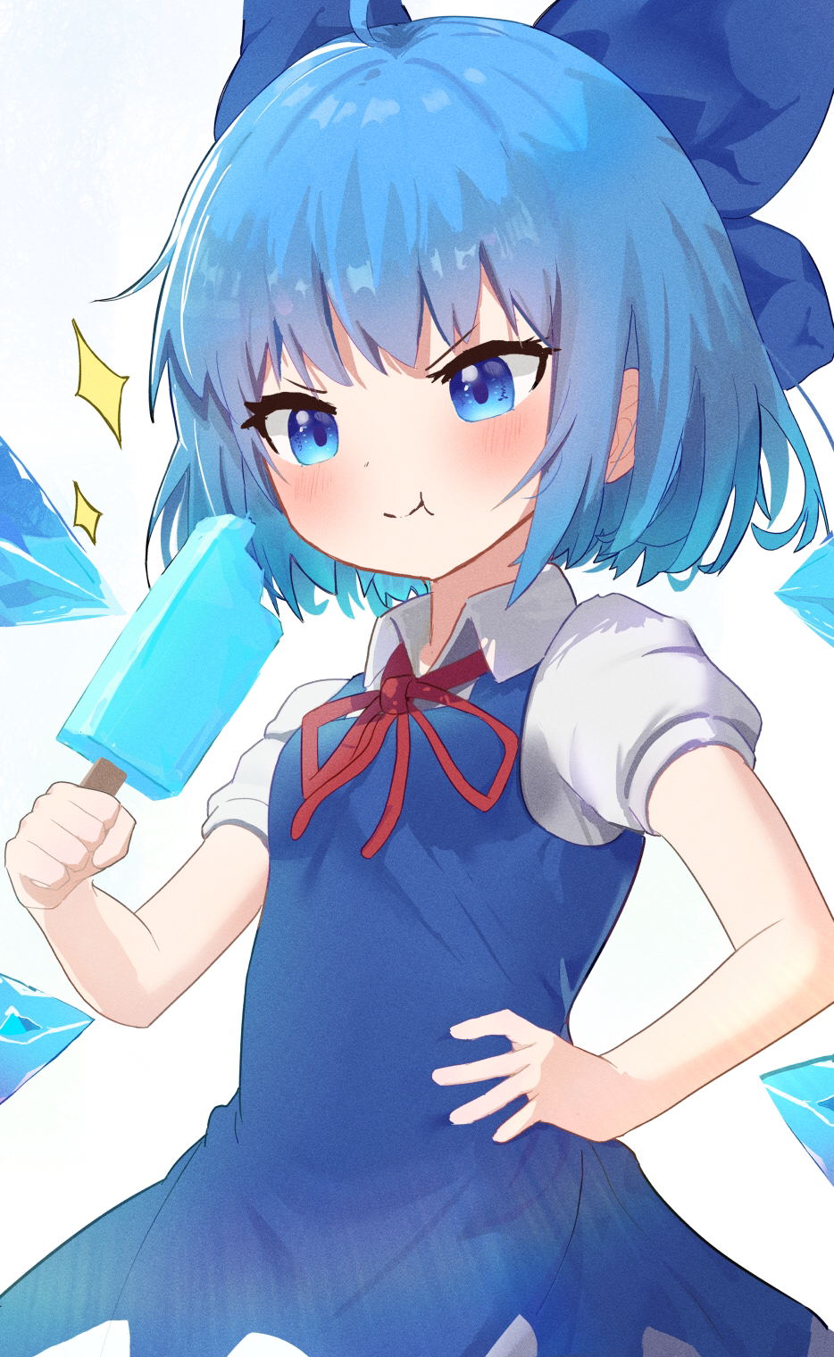 1girl :t ahoge blue_bow blue_dress blue_eyes blue_hair blue_wings blush bow cirno closed_mouth collared_shirt commentary detached_wings dress eating english_commentary food hair_bow hand_on_hip highres holding holding_food hub_(havu_obi) ice ice_wings neck_ribbon popsicle puffy_short_sleeves puffy_sleeves red_ribbon ribbon shirt short_sleeves simple_background sleeveless sleeveless_dress solo sparkle touhou v-shaped_eyebrows white_background white_shirt wings