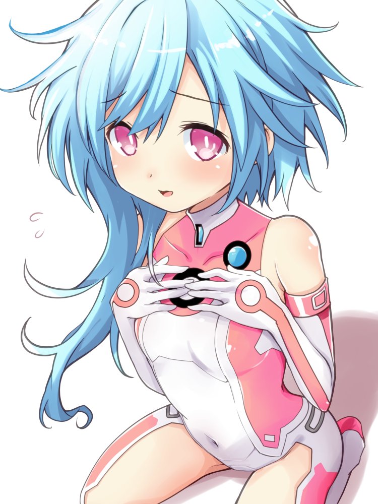 1girl :d bare_shoulders blue_hair blush bodysuit boots breasts covered_navel elbow_gloves from_above gloves hands_on_own_chest hands_up high_heels iwashi_dorobou_-r- kneeling leaning_forward looking_at_viewer medium_hair messy_hair neptune_(series) pink_eyes power_symbol short_hair_with_long_locks side_ponytail simple_background skin_tight small_breasts smile solo symbol-shaped_pupils thigh_boots thighs two-tone_bodysuit white_sister_rom