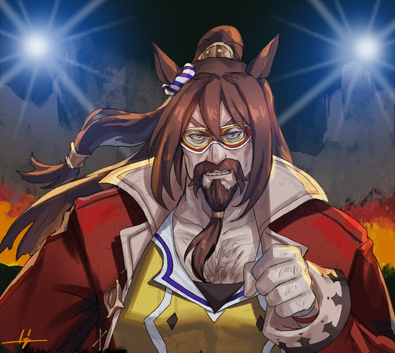 1boy animal_ears bangs beard brown_hair clenched_hand clenched_teeth commentary_request el_condor_pasa_(umamusume) eye_mask eyebrows_behind_hair facial_hair fire hair_between_eyes hand_up high_ponytail horse_boy horse_ears jacket kws long_hair male_focus mustache open_clothes open_jacket ponytail red_jacket shirt solo teeth thick_eyebrows umamusume upper_body v-shaped_eyebrows yellow_shirt