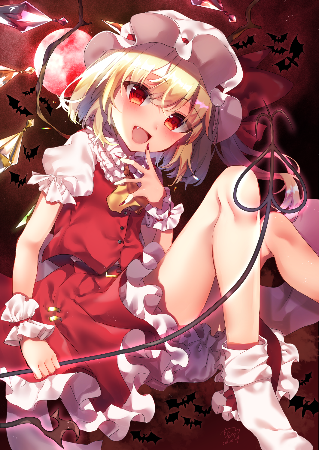 1girl :d ascot bat blonde_hair blush chisiro_unya_(unya_draw) collared_shirt crystal fang feet_out_of_frame flandre_scarlet frilled_shirt_collar frilled_skirt frilled_sleeves frills hat highres laevatein_(touhou) looking_at_viewer mob_cap no_shoes one_side_up open_mouth puffy_short_sleeves puffy_sleeves red_eyes red_skirt red_vest shirt short_hair short_sleeves skirt skirt_set smile solo touhou vest white_headwear white_shirt white_socks wings wrist_cuffs yellow_ascot