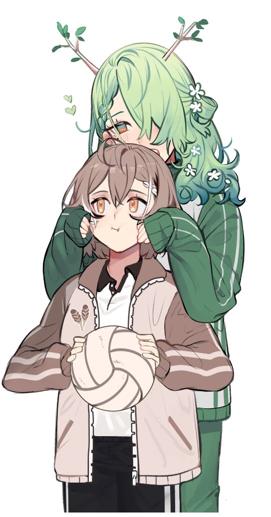 2girls :i ahoge antlers ball bangs braid braided_bangs branch brown_eyes brown_hair ceres_fauna collared_shirt eus_ing feathers flower green_hair green_track_suit gym_shorts hair_flower hair_ornament hair_over_one_eye heart height_difference holding holding_ball hololive hololive_english mole mole_under_eye multicolored_hair multiple_girls nanashi_mumei playing_with_another's_hair polo_shirt shirt short_hair shorts sleeves_past_wrists streaked_hair virtual_youtuber volleyball white_shirt yellow_eyes younger