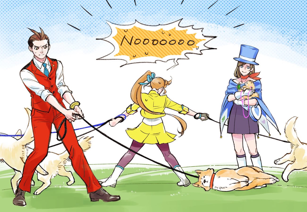 1boy 2girls ace_attorney animal antenna_hair apollo_justice athena_cykes blue_headwear brown_hair cape crescent crescent_earrings cropped_jacket dog dog_walking earrings formal gloves hair_ribbon hat holding holding_animal holding_leash jacket jewelry leash leash_pull long_hair magician miniskirt multiple_girls necktie nekowosuu orange_hair pants partially_fingerless_gloves phoenix_wright:_ace_attorney_-_dual_destinies ponytail red_pants red_vest ribbon shirt single_earring single_glove skirt smile speech_bubble top_hat trucy_wright vest white_shirt yellow_jacket