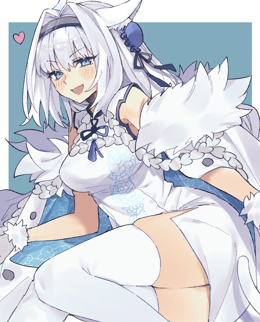 1girl animal_ears blue_eyes breasts bun_cover cape china_dress chinese_clothes dobrynya_nikitich_(fate) dress fang fate/grand_order fate_(series) fur-trimmed_cape fur_trim hairband heart highres official_alternate_costume tail thigh-highs uxco0 white_dress white_hair
